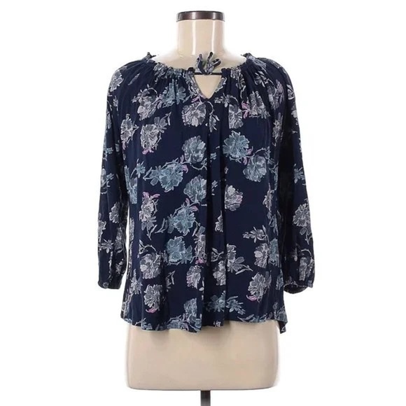 Lucky Brand Tops - LUCKY BRAND Floral Tie Neck 3/4 Sleeve Peasant Top Navy size large